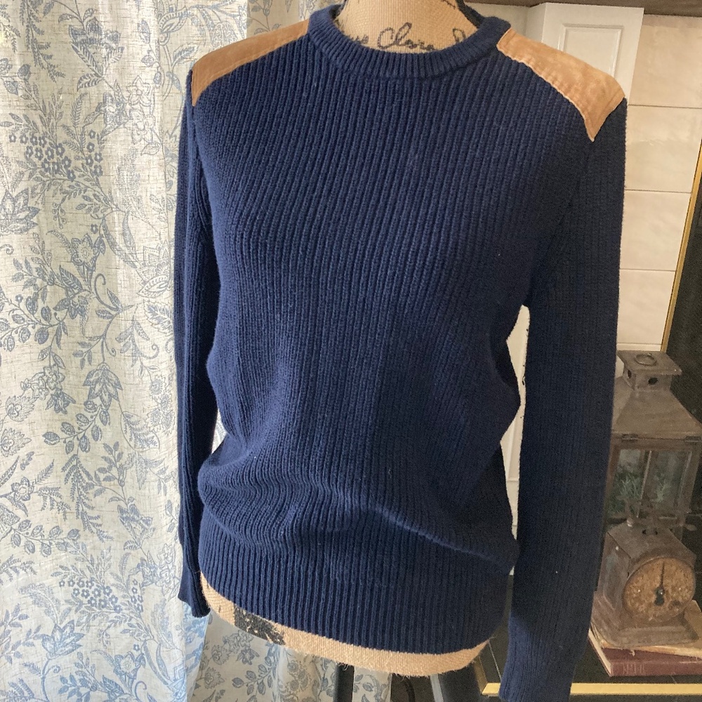 J. Crew Woodsman Sweater 100% Cotton and Leather Suede Shoulder Patches Sz S